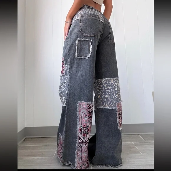 POL Studded Patch Jeans Size Large Charcoal Gray High Rise Button Fly Wide Leg - Picture 2 of 15